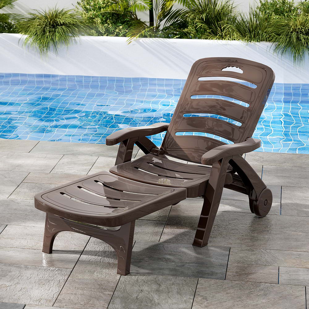 P&F ZennHome Sun Lounger Folding Lounge Chair Wheels Patio Outdoor Furniture Brown