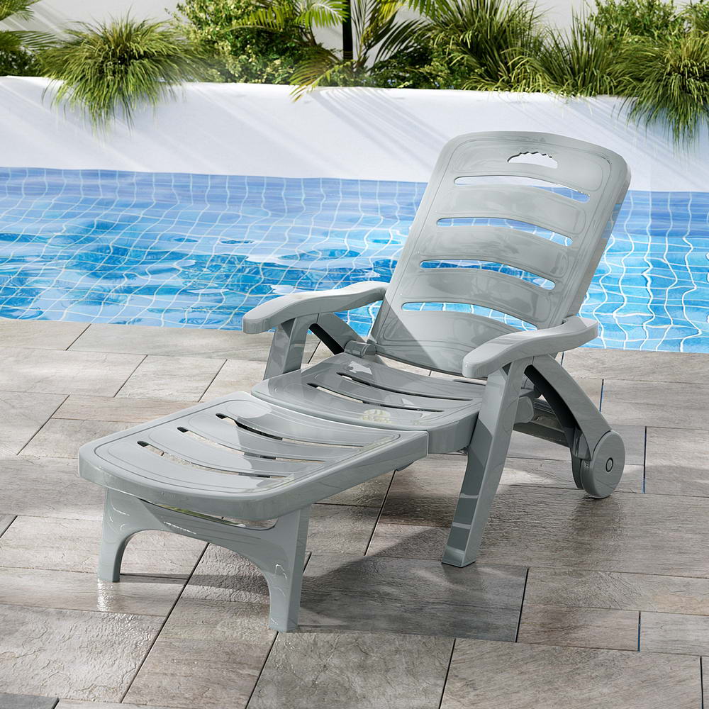 P&F ZennHome Sun Lounger Folding Lounge Chair Wheels Patio Outdoor Furniture Grey