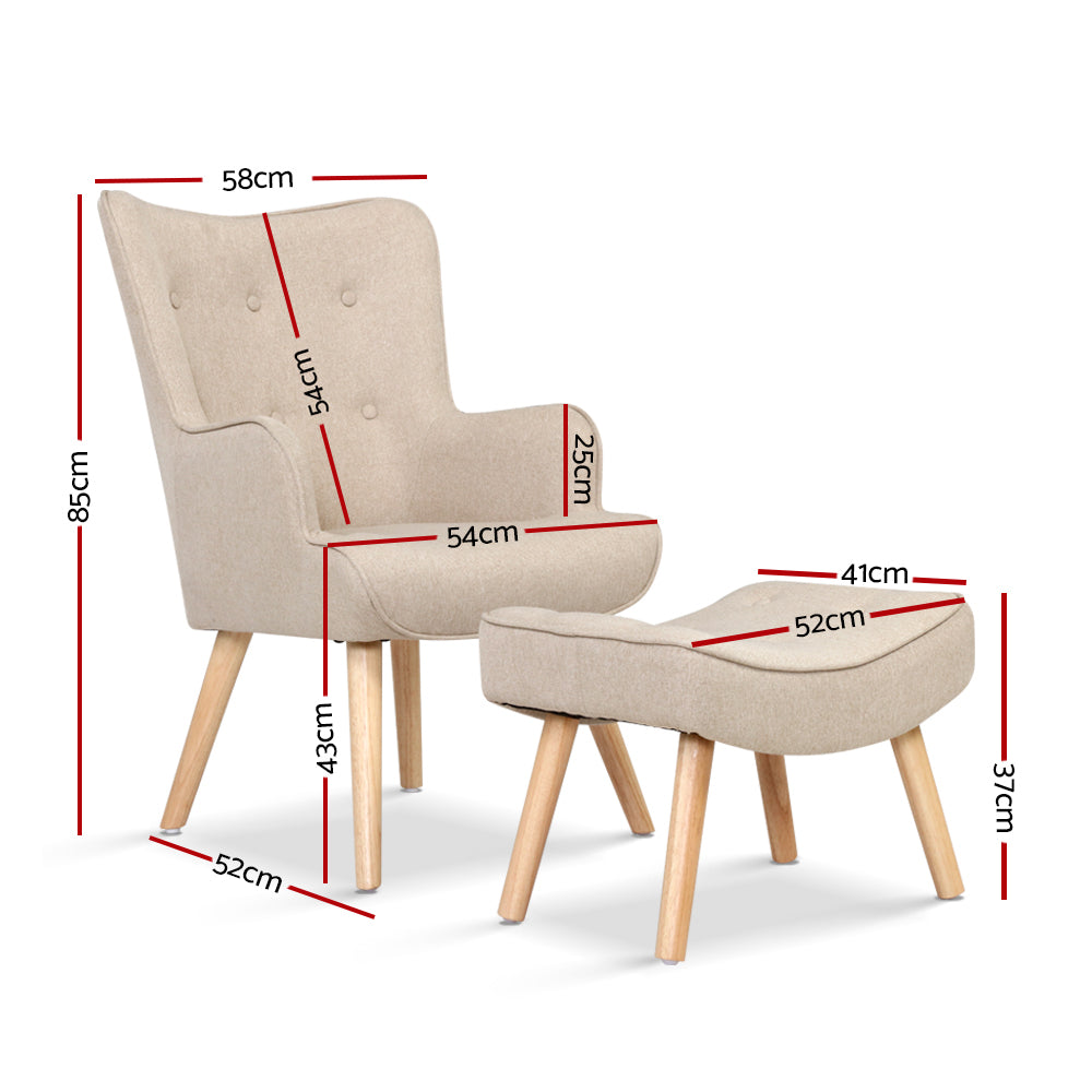 P&F ZennHome Armchair Set with Ottoman Beige Lansar