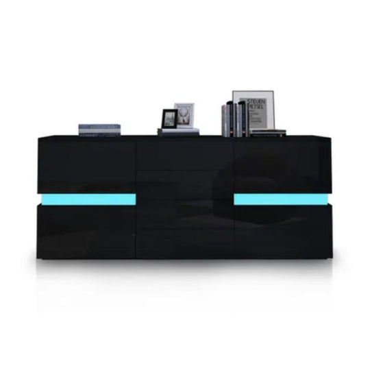 P&F SkyWay Buffet Sideboard Cabinet High Gloss RGB LED Storage Cupboard with 2 Doors & 4 Drawers Black