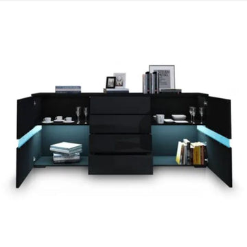 P&F SkyWay Buffet Sideboard Cabinet High Gloss RGB LED Storage Cupboard with 2 Doors & 4 Drawers Black