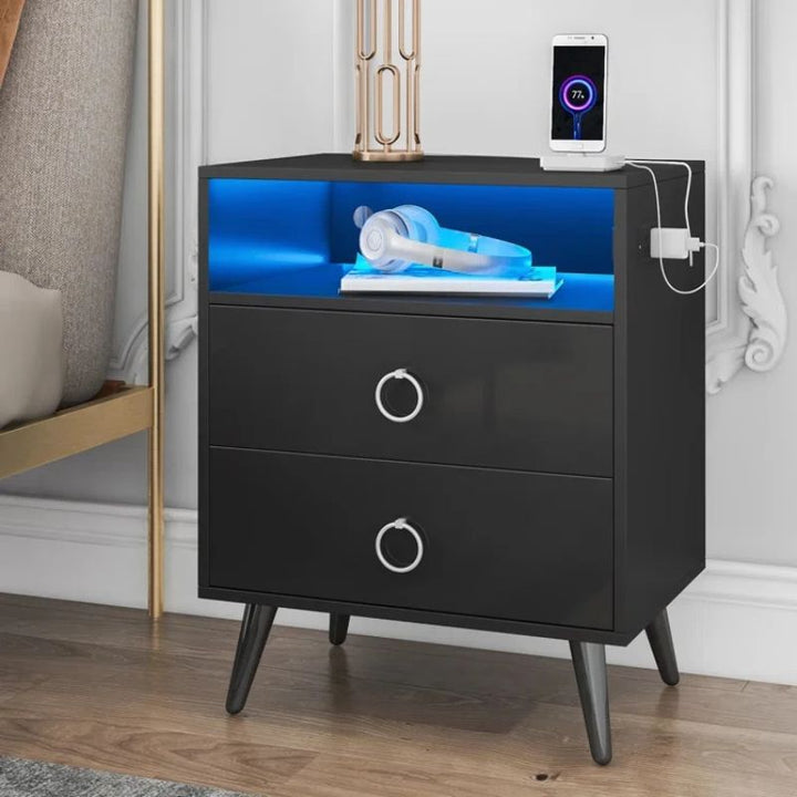 P&F SkyWay Modern LED Bedside table with USB and power socket Black