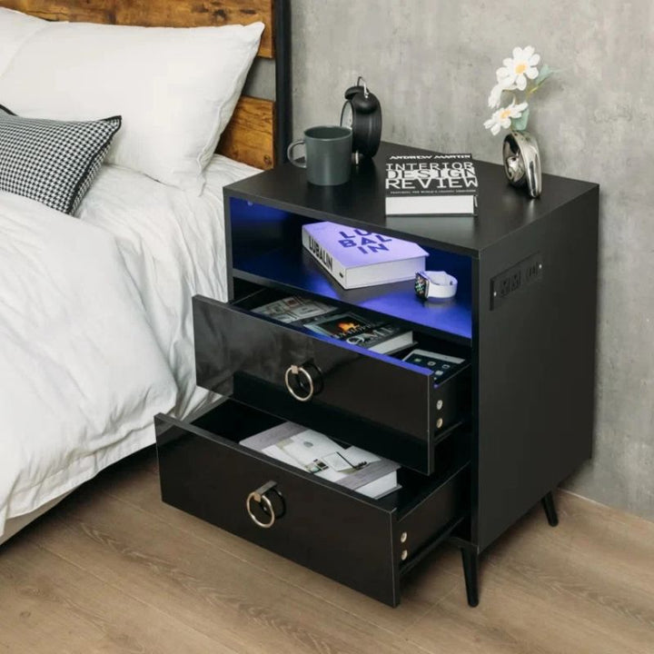 P&F SkyWay Modern LED Bedside table with USB and power socket Black