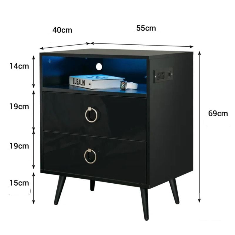 P&F SkyWay Modern LED Bedside table with USB and power socket Black