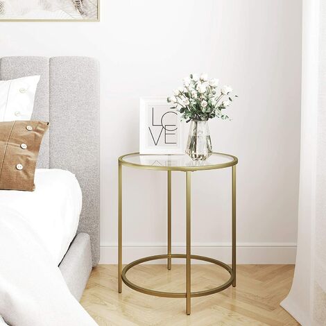 P&F VASAGLE Round Side Table Tempered Glass End Table With Golden Metal Frame Small Coffee Table Gold