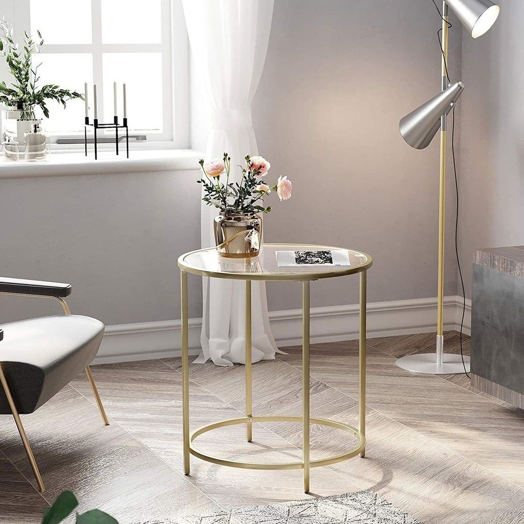 P&F VASAGLE Round Side Table Tempered Glass End Table With Golden Metal Frame Small Coffee Table Gold