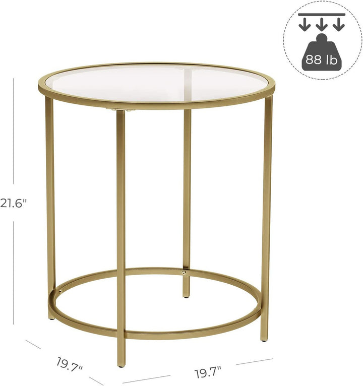 P&F VASAGLE Round Side Table Tempered Glass End Table With Golden Metal Frame Small Coffee Table Gold