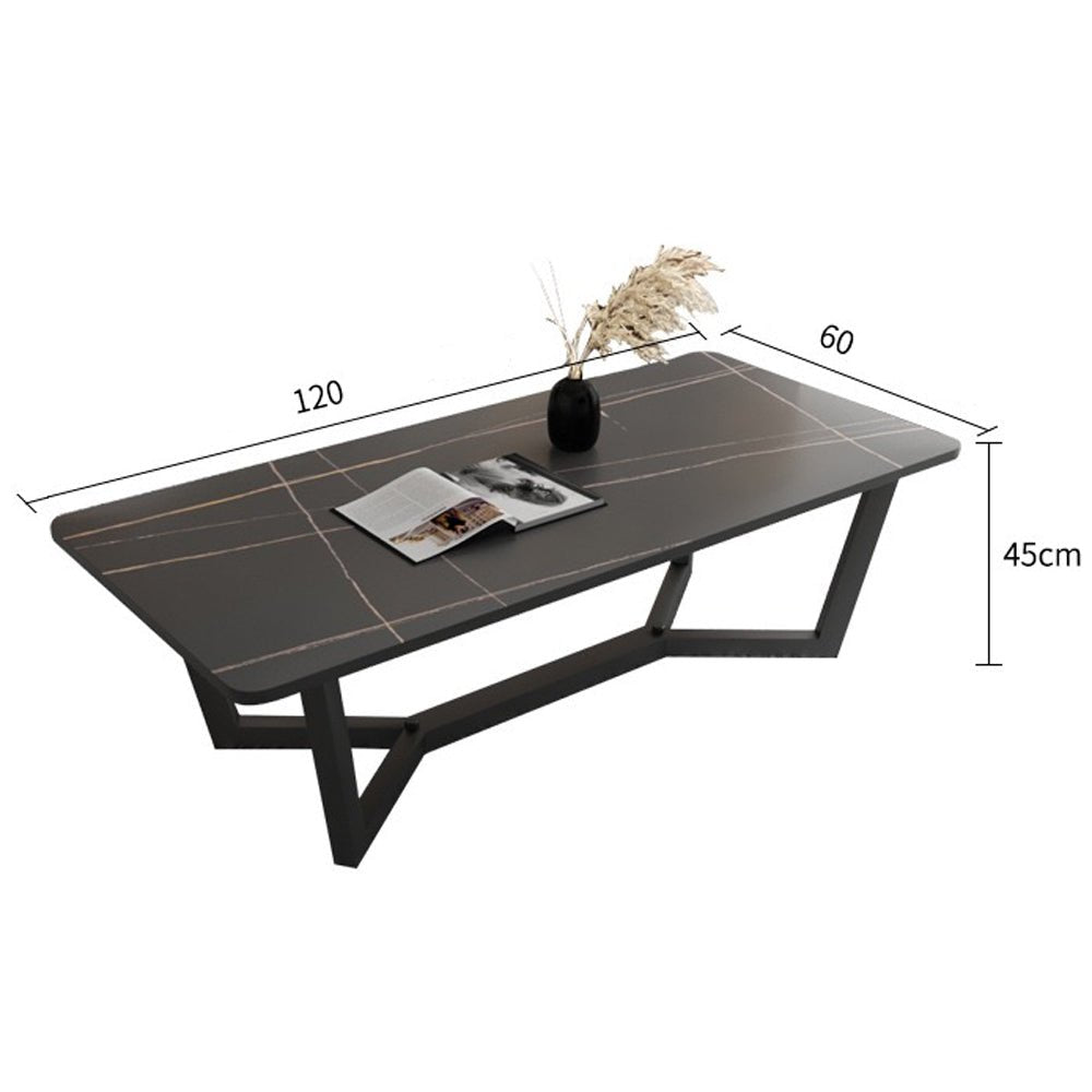 P&F ZennHome 120x60cm Matte Black Minimalist Slate Coffee Table Marble Tea Table Living Room Rectangle Cocktail Side Table Solid Metal Legs