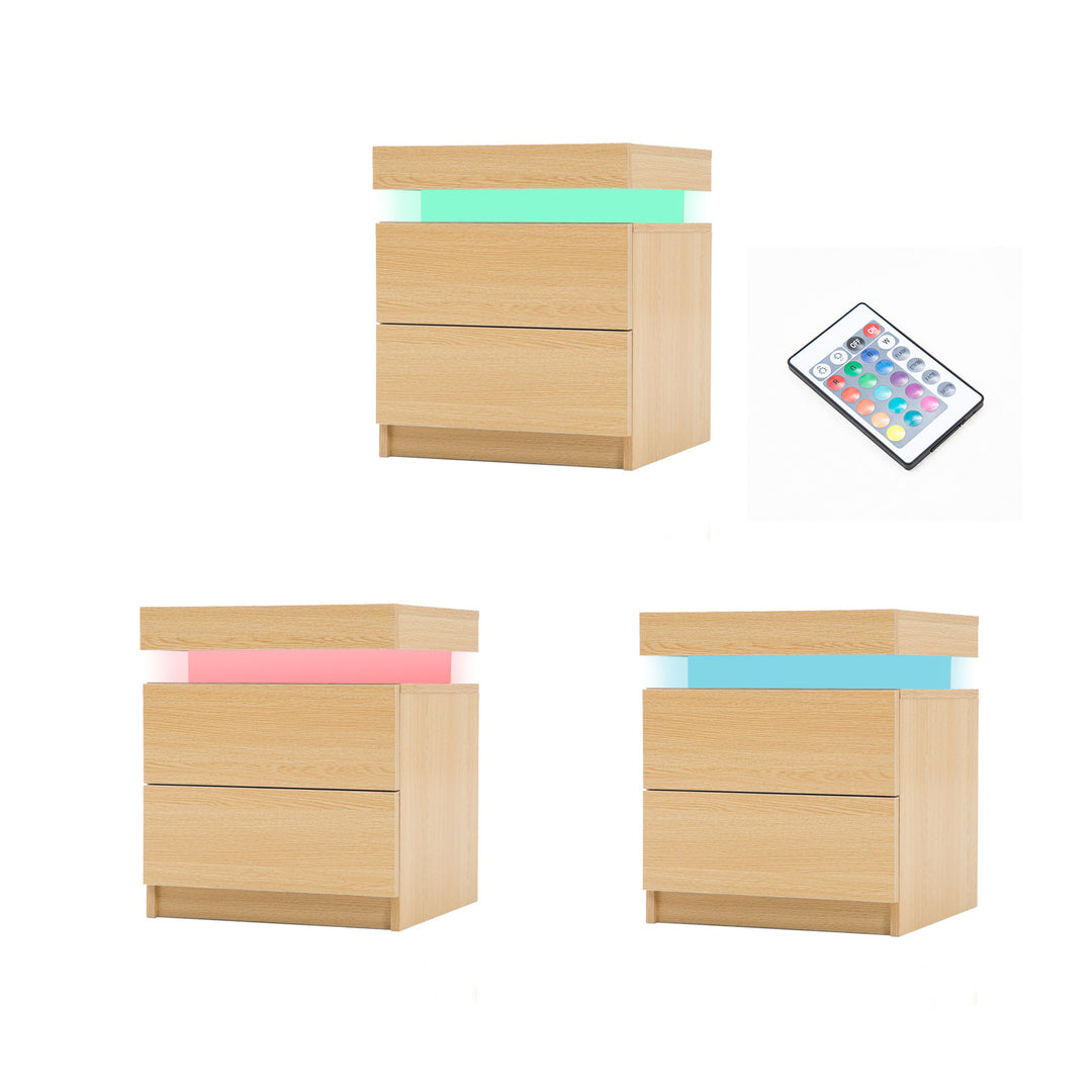 P&F SkyWay Bedside Table 2 Drawers RGB LED Bedroom Cabinet Nightstand Gloss Oak