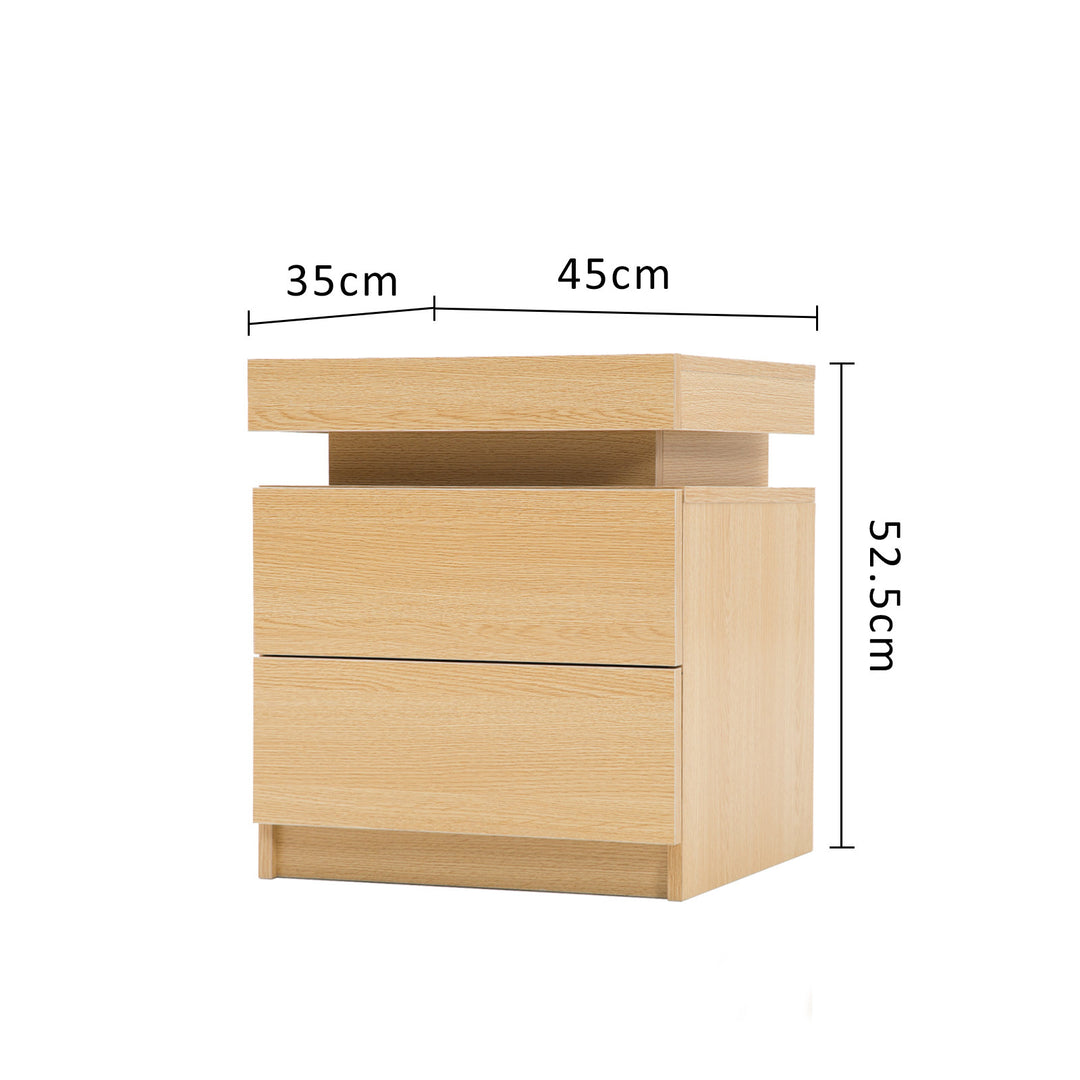 P&F SkyWay Bedside Table 2 Drawers RGB LED Bedroom Cabinet Nightstand Gloss Oak