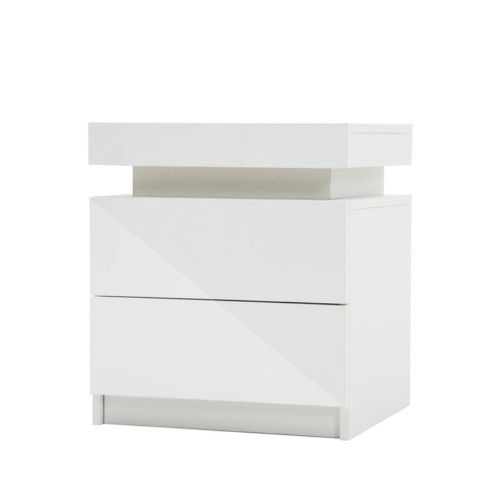 P&F SkyWay Bedside Table 2 Drawers RGB LED Bedroom Cabinet Nightstand Gloss White