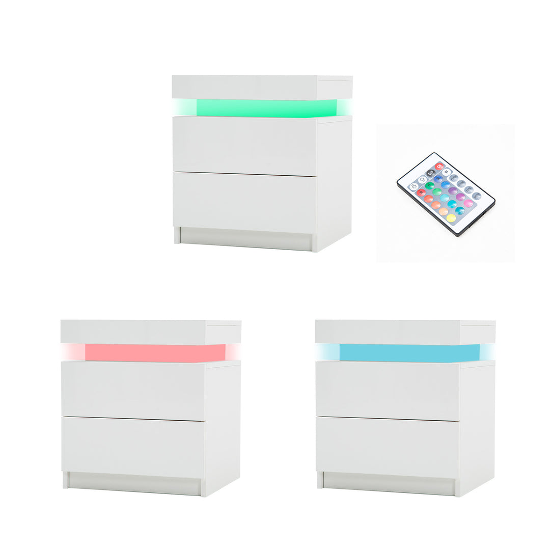 P&F SkyWay Bedside Table 2 Drawers RGB LED Bedroom Cabinet Nightstand Gloss White