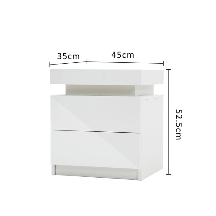 P&F SkyWay Bedside Table 2 Drawers RGB LED Bedroom Cabinet Nightstand Gloss White