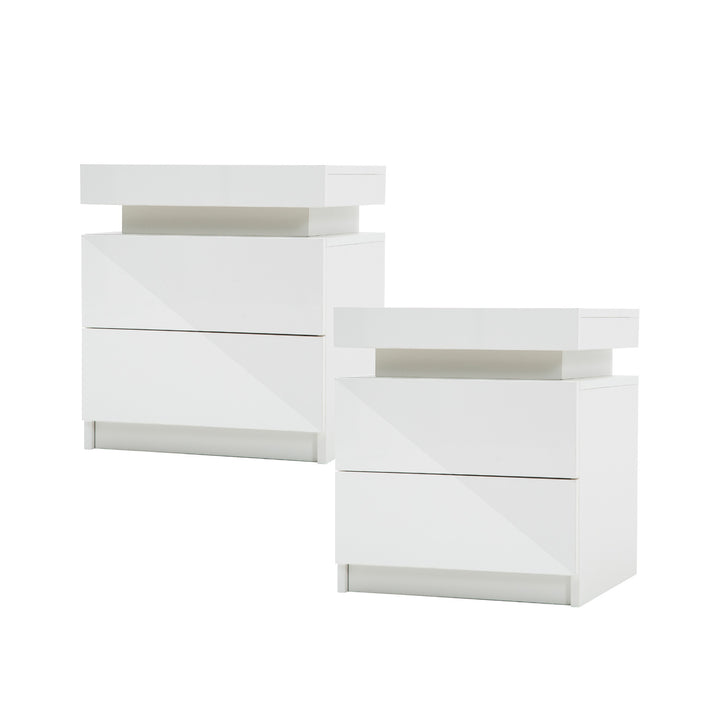 P&F SkyWay 2X Bedside Table 2 Drawers RGB LED Bedroom Cabinet Nightstand Gloss White