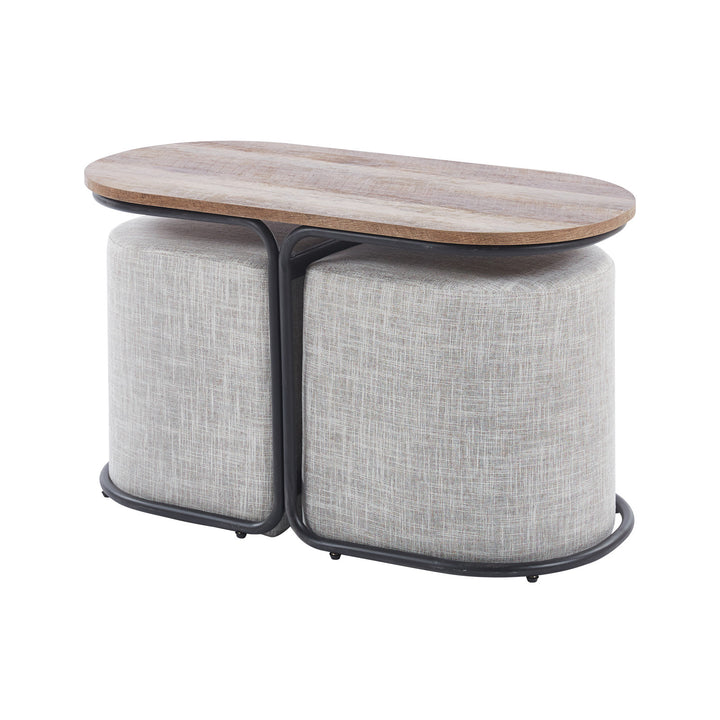 P&F ZennHome 3 Piece Set Coffee Table & Ottoman Wood Side End Table Industrial - CREAM GREY