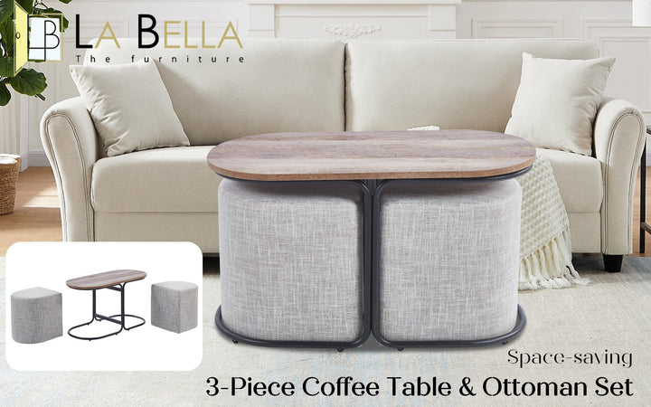 P&F ZennHome 3 Piece Set Coffee Table & Ottoman Wood Side End Table Industrial - CREAM GREY