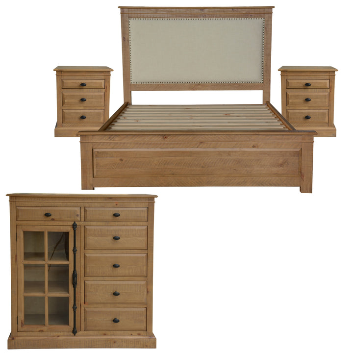 P&F Jade 4pc King Bed Suite Bedside Tallboy Bedroom Furniture Package - Natural