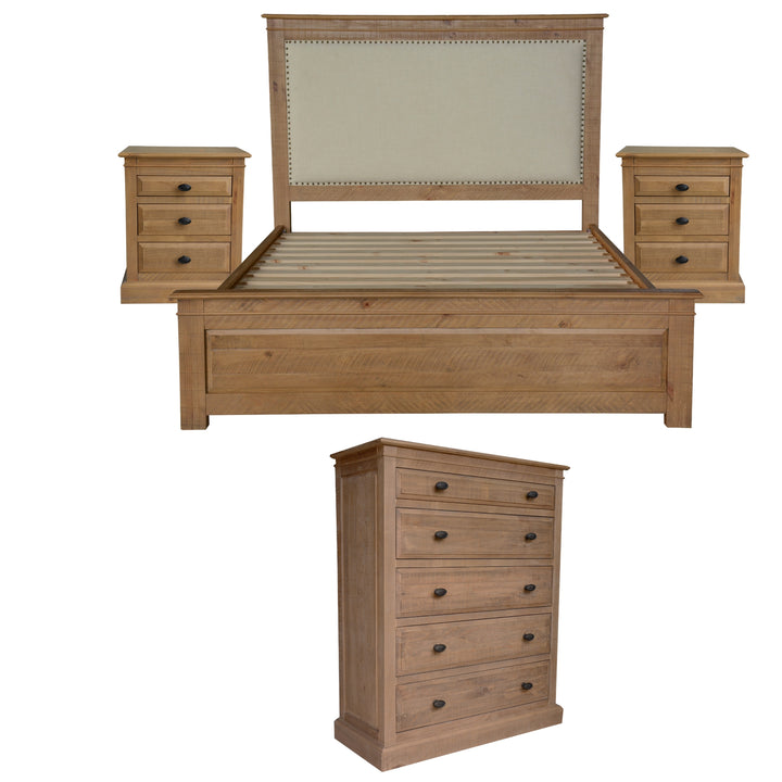 P&F Jade 4pc King Bed Bedside Tallboy Bedroom Suite Furniture Package - Natural