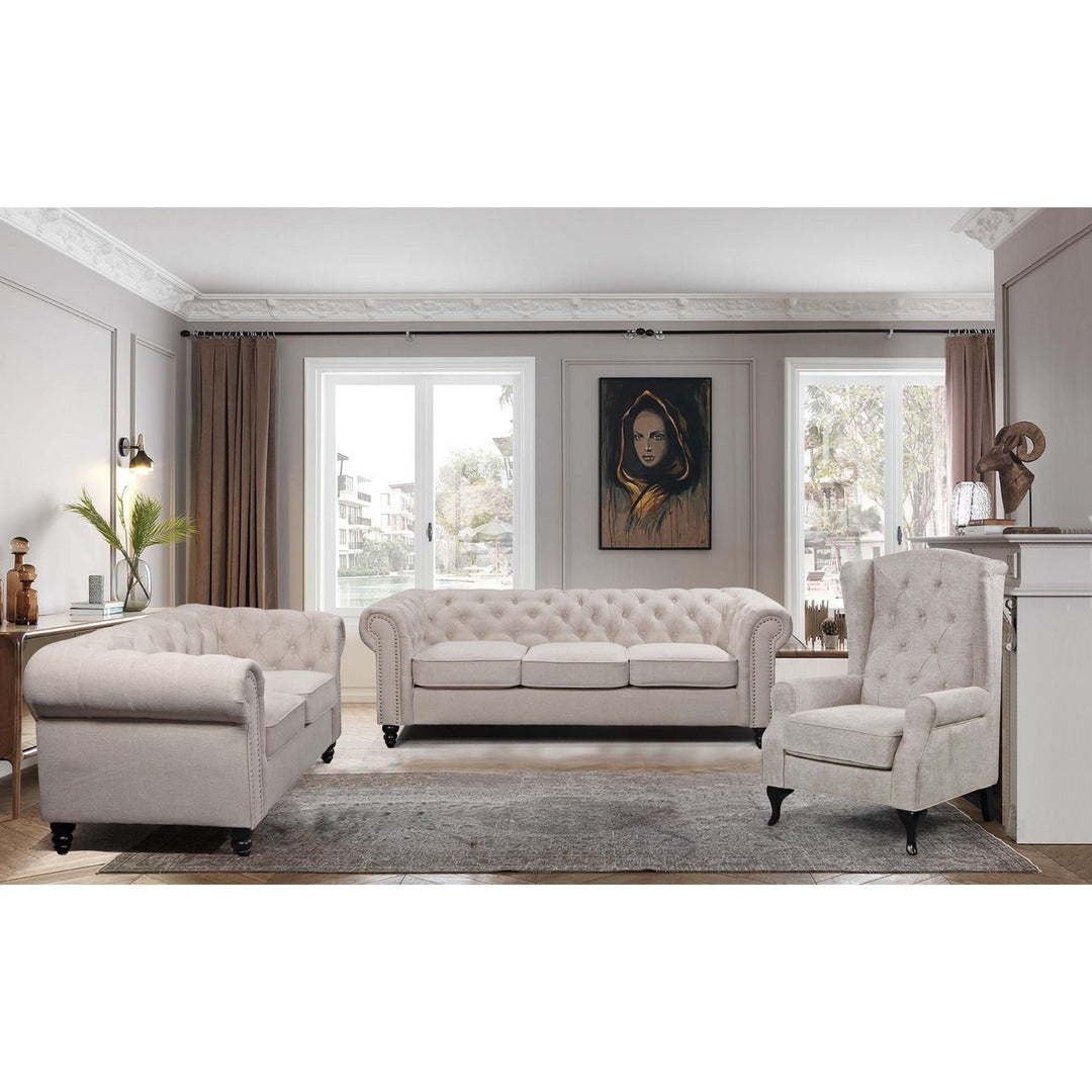 P&F ZennHome Lux 3 + 2 Seater Sofa Fabric Upholstered Chesterfield Lounge Couch - Beige