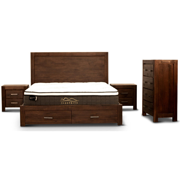 P&F Comfortis 4pc King Bed Frame Suite Bedside Tallboy Furniture Package - Walnut