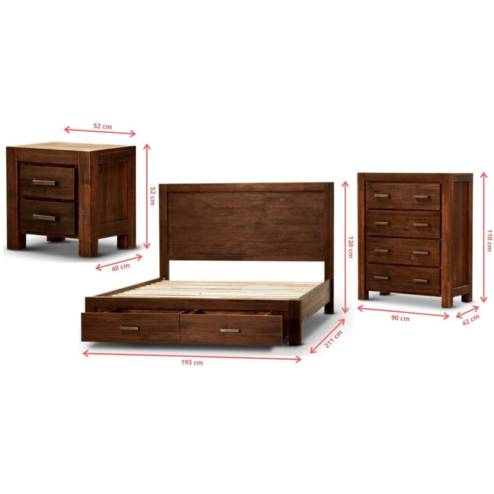 P&F Comfortis 4pc King Bed Frame Suite Bedside Tallboy Furniture Package - Walnut