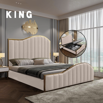 P&F Luxur Elegant King Size Bedframe in Beige with Gas Lift Storage Velvet Fabric Golden Trim