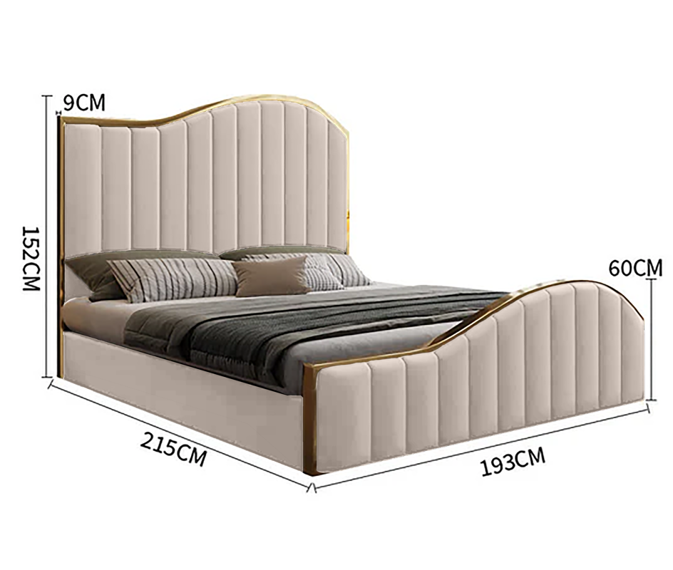 P&F Luxur Elegant King Size Bedframe in Beige with Gas Lift Storage Velvet Fabric Golden Trim