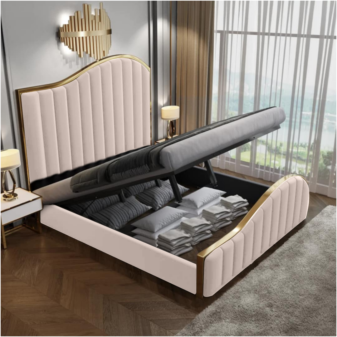 P&F Luxur Elegant King Size Bedframe in Beige with Gas Lift Storage Velvet Fabric Golden Trim