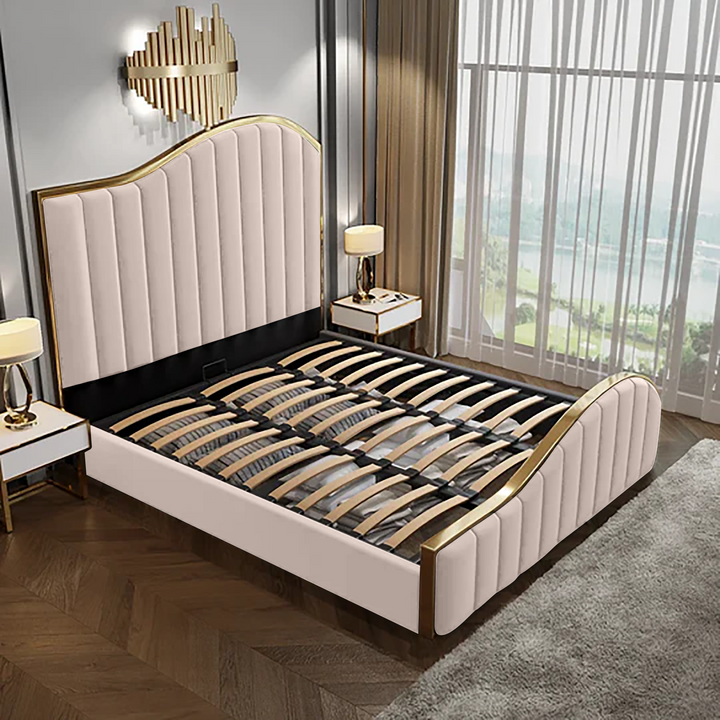 P&F Luxur Elegant King Size Bedframe in Beige with Gas Lift Storage Velvet Fabric Golden Trim