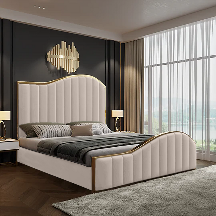 P&F Luxur Elegant King Size Bedframe in Beige with Gas Lift Storage Velvet Fabric Golden Trim