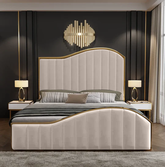 P&F Luxur Elegant King Size Bedframe in Beige with Gas Lift Storage Velvet Fabric Golden Trim