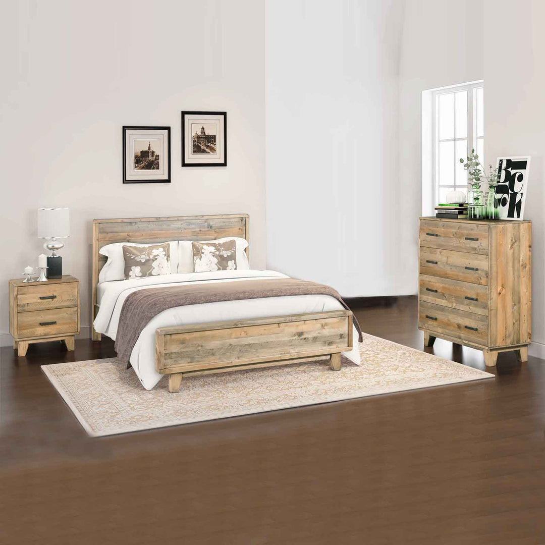 P&F DreamEz 4 Pieces Bedroom Suite Double Size in Solid Wood Antique Design Light Brown Bed, Bedside Table & Tallboy