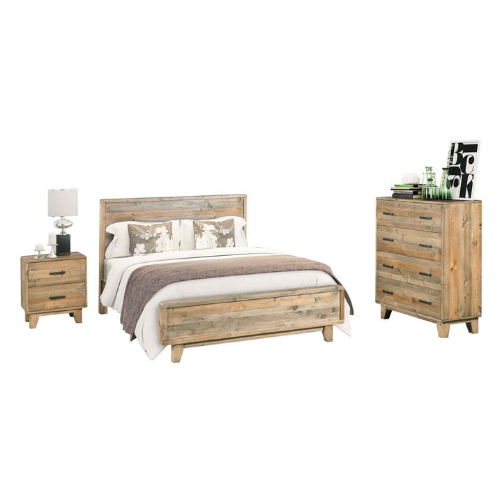 P&F DreamEz 4 Pieces Bedroom Suite Double Size in Solid Wood Antique Design Light Brown Bed, Bedside Table & Tallboy