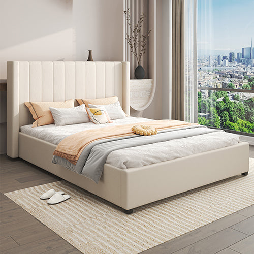 P&F FabSeries Alexa Queen Size High Rise Headboard Linen Beige Fabric Four MDF Drawers with Wheels Bed Frame