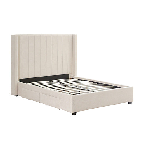 P&F FabSeries Alexa Queen Size High Rise Headboard Linen Beige Fabric Four MDF Drawers with Wheels Bed Frame