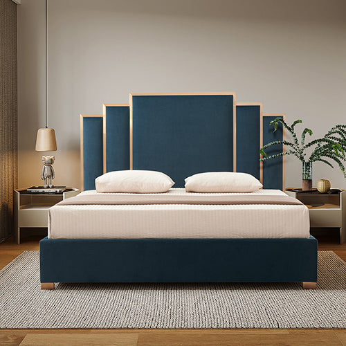 P&F Luxur Bed Frame Polyester Turquoise Fabric Padded Upholstery High Quality Slats Polished Stainless Steel Feet Queen