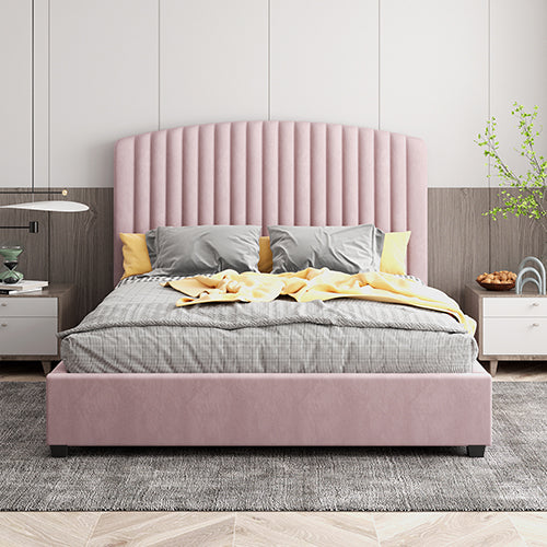 P&F FabSeries Camelia Double Size Bed Frame Pink Velvet Upholstery High Headboard Quality Slats Metal Structure