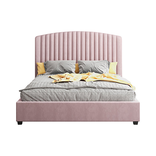 P&F FabSeries Camelia Double Size Bed Frame Pink Velvet Upholstery High Headboard Quality Slats Metal Structure