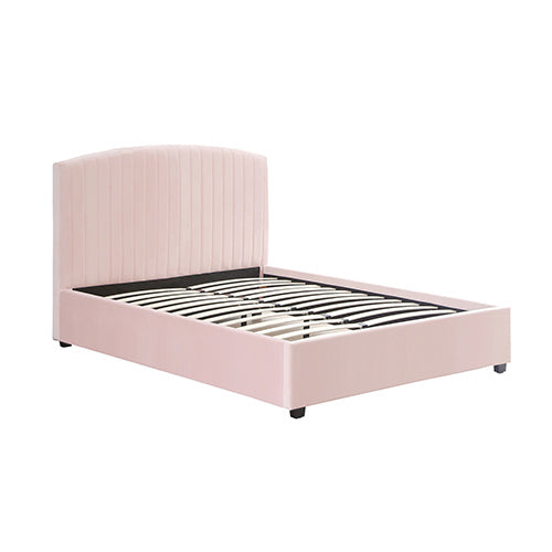 P&F FabSeries Camelia Double Size Bed Frame Pink Velvet Upholstery High Headboard Quality Slats Metal Structure