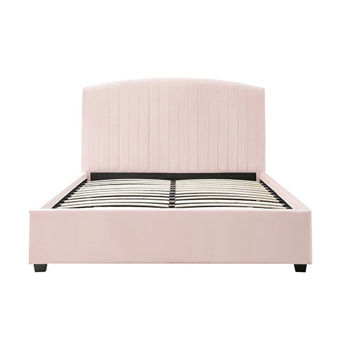 P&F FabSeries Camelia Double Size Bed Frame Pink Velvet Upholstery High Headboard Quality Slats Metal Structure