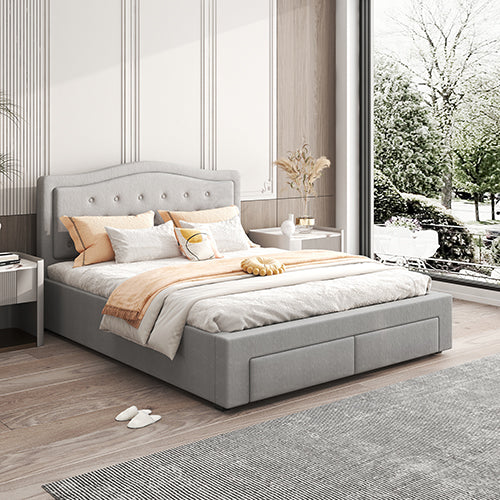 P&F FabSeries Emily Bed Frame Queen Size Velvet Fabric Grey Four MDF Drawers with Wheels