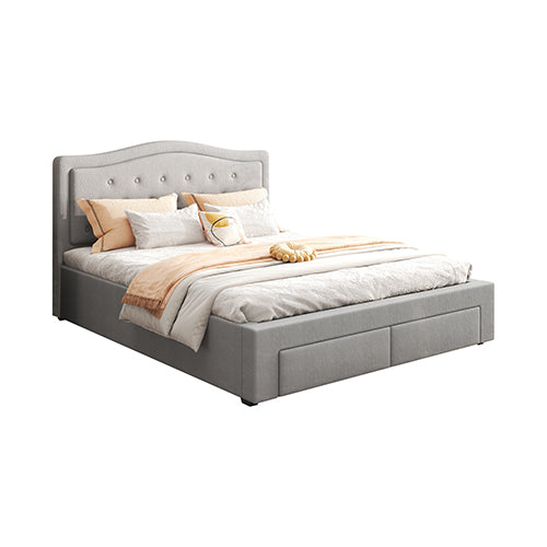 P&F FabSeries Emily Bed Frame Queen Size Velvet Fabric Grey Four MDF Drawers with Wheels