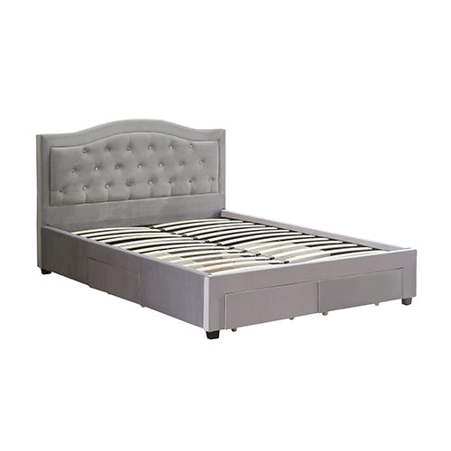 P&F FabSeries Emily Bed Frame Queen Size Velvet Fabric Grey Four MDF Drawers with Wheels