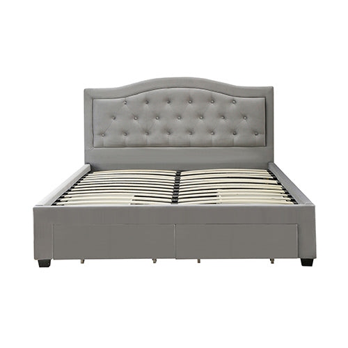 P&F FabSeries Emily Bed Frame Queen Size Velvet Fabric Grey Four MDF Drawers with Wheels