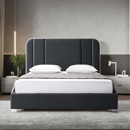 P&F Luxur Bed Frame Air Leather Padded Upholstery High Quality Slats Polished Stainless Steel Feet Queen