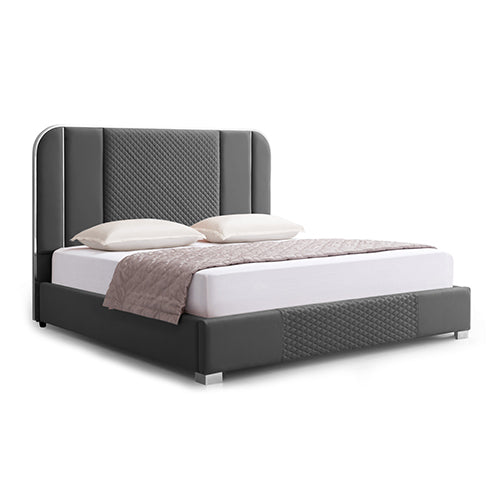 P&F Luxur Bed Frame Air Leather Padded Upholstery High Quality Slats Polished Stainless Steel Feet Queen