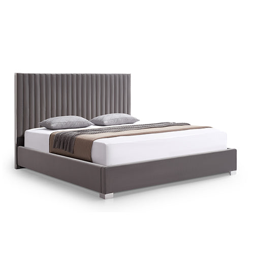 P&F Luxur Bed Frame Polyester Fabric Padded Upholstery High Quality Slats Polished Stainless Steel Feet King