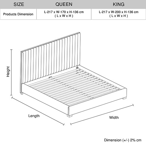 P&F Luxur Bed Frame Polyester Fabric Padded Upholstery High Quality Slats Polished Stainless Steel Feet King