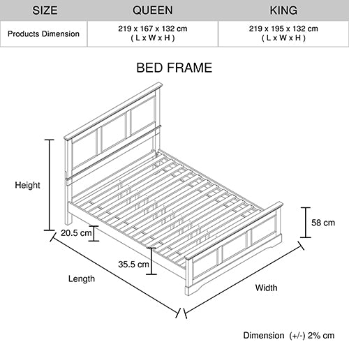 P&F BohoNest King Bed Frame in Solid Wood with Slats Support in Grey colour