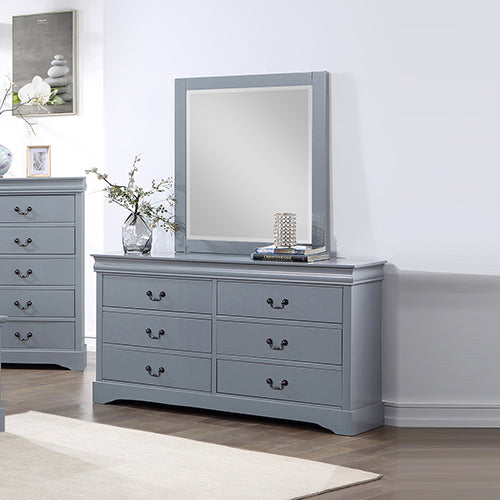 P&F ZennHome Dressing Chest with 6 Storage Drawers in Solid Wooden Mirror Metal Handles Grey Colour